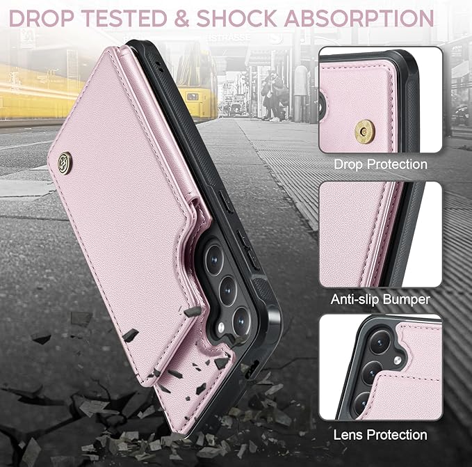 Vinich for Samsung Galaxy S24 Wallet Case with Card Holder, RFID Blocking Credit Slots Kickstand Shockproof Phone Cover for Women Men, Pink