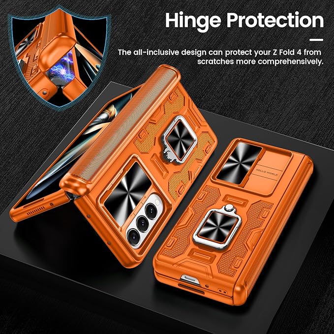 VEGO for Galaxy Z Fold 4 Case with Belt Clip Holster, 360°Ring Magnetic Kickstand & Camera Cover & Front Screen Protector, Hinge Protection Shockproof Armor Cover - Orange