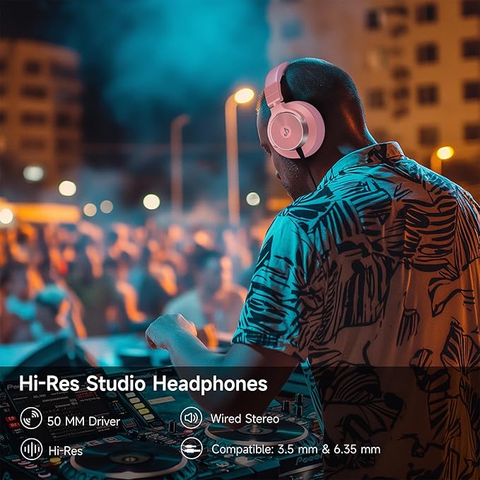 Wired Over Ear Headphones, Studio Monitor & Mixing DJ Headphones with 50mm Neodymium Drivers and 1/4 to 3.5mm Jack for Guitar AMP Podcast Piano Keyboard (Pink)