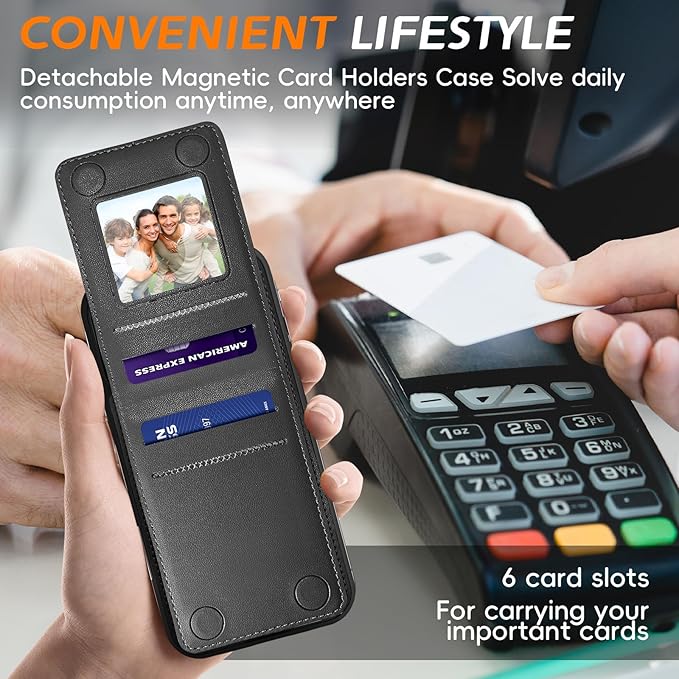 for iPhone 16 Leather Wallet Case, Compatible with Magsafe, 2 in 1 Detachable Magnetic Card Holder, RFID Blocking Kickstand Credit Slots Flip Case for Men Women, Black