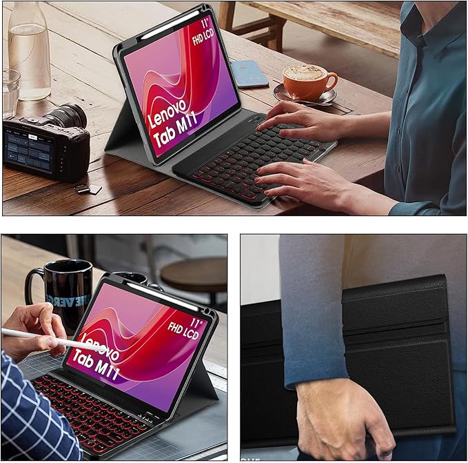 Backlit Keyboard Case for Lenovo Tab M11 2024 11 Inch TB-330FU Tablet, 7 Colors Light Detachable Wireless Keyboard with PU Leather Folio Cover Case for Lenovo Tab M11 11” 2024 Release
