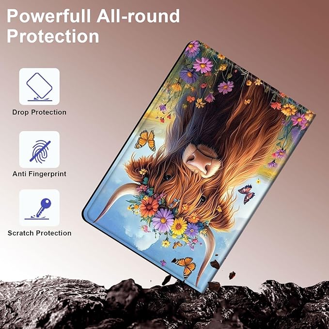 Case for Samsung Galaxy Tab A9+/A9 Plus 11” 2023 Model (SM-X210/X216/X218), Slim PU Leather Stand Cover with Auto Wake/Sleep, Multi-Angle Viewing & Shockproof, Cute Highland Cow