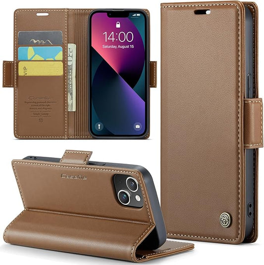 for iPhone 13 Case, Premium PU Leather Wallet Case Flip Cover with [RFID Blocking][Card Holder][Stand Function] Shockproof Protective for iPhone 13 6.1 inch, Brown