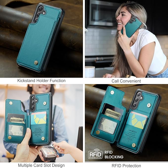 Vinich for Samsung Galaxy S25 Wallet Case with Card Holder, RFID Blocking Credit Slots Kickstand Shockproof Phone Cover for Women Men, Bluish Green