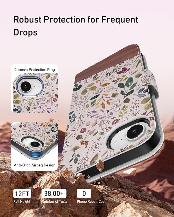 DEENAKIN for iPhone 16e Wallet Case with Card Holder + Cash Clip, RFID-Blocking, Military-Grade Drop Protection, Magnetic Closure with Leather Kickstand - Vibrant Foliage