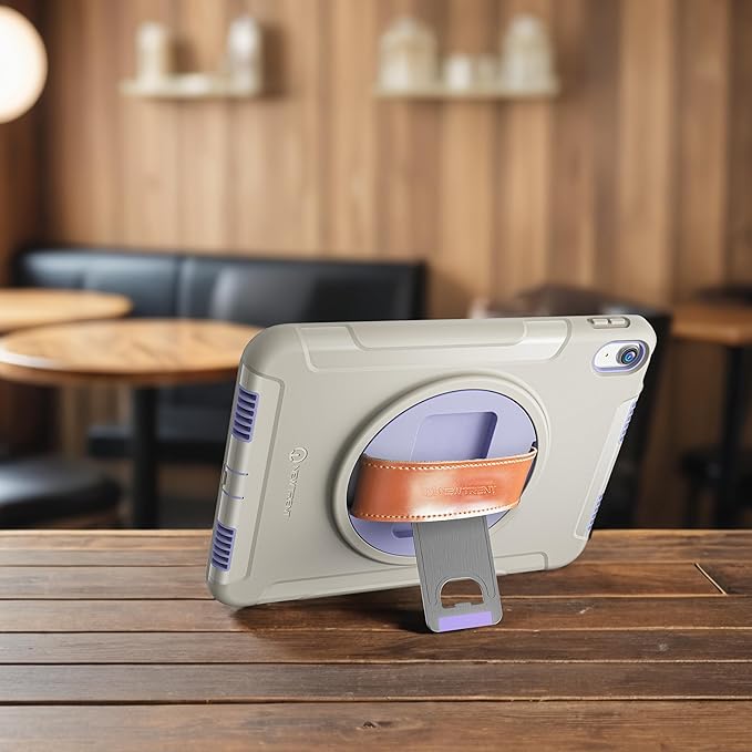 Original Rugged iPad Case for iPad 11 (A16) 11-inch (2025) & iPad 10th Gen 10.9-inch (2022) | 360° Rotating Kickstand, Genuine Leather Hand Strap, Built-in Screen Protector (Purple Grey)