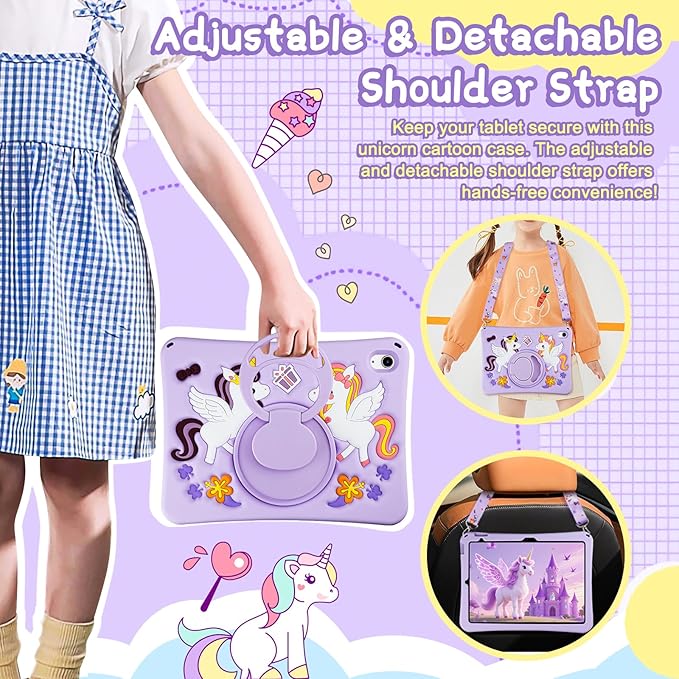 HianDier for iPad A16 Case 11th 2025 iPad 10th Generation Case for Kids Cute Unicorn Silicone Tablet Cover with Detachable Strap and Rotatable Stand Shockproof Cover for iPad 11inch 10.9inch-Purple