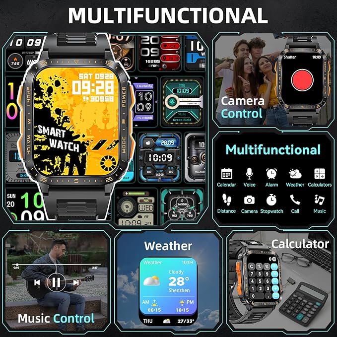 Military Smart Watches for Men (Make/Answer Call) with LED Flashlight 1.96" Screen 430mAh Fitness Tracker with Sport Modes Heart Rate Sleep Monitor Rugged Smartwatch for iPhone Android