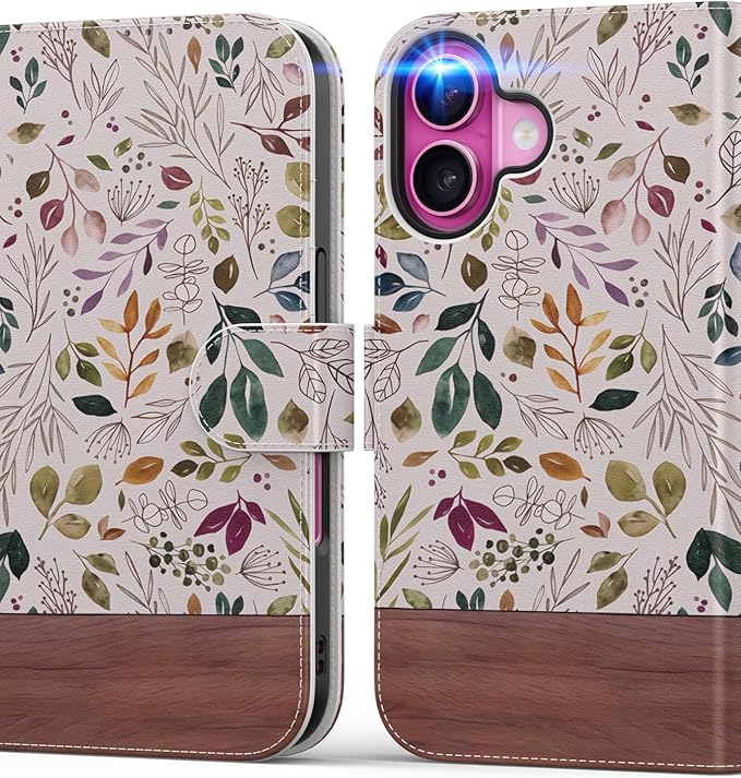 DEENAKIN for iPhone 16 Wallet Case with Card Holder + Cash Clip, RFID-Blocking, Military-Grade Drop Protection, Magnetic Closure with Leather Kickstand - Vibrant Foliage