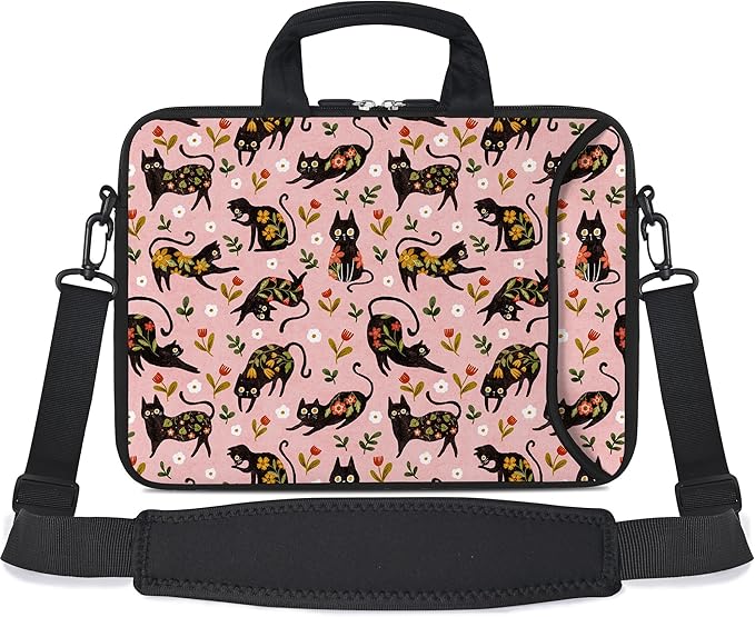 RICHEN 14 15 15.4 15.6 inch Laptop Shoulder Bag Messenger Bag Notebook Handle Sleeve Neoprene Carrying Case with Accessories Pocket (14-15.6 inch, Flowers Cats)