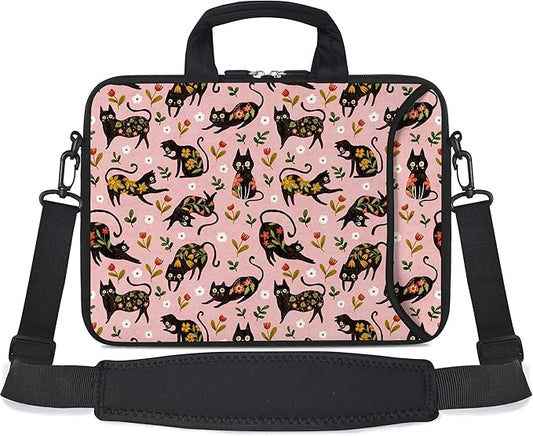 RICHEN 14 15 15.4 15.6 inch Laptop Shoulder Bag Messenger Bag Notebook Handle Sleeve Neoprene Carrying Case with Accessories Pocket (14-15.6 inch, Flowers Cats)