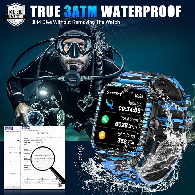 Military Smart Watches for Men (Make/Answer Call) 1.96" Screen Outdoor Activity Tracker with 100+ Sport Modes Health Monitor 3ATM Waterproof Smartwatch