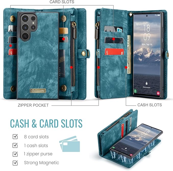SZHAIYU 2 in 1 Detachable for Samsung Galaxy S25 Ultra Wallet Case with Card Holder, Retro Premium Flip Leather Cover Magnetic Zipper Pocket Phone Cases 6.8'' (Blue, S25 Ultra)