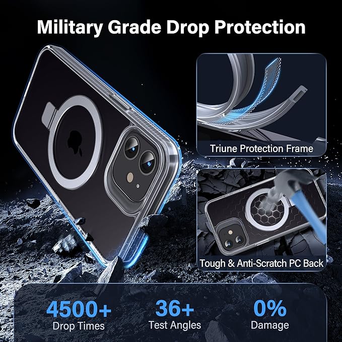 Magnetic Case for iPhone 12/12 Pro - [Built-in Invisible Stand] [Compatible with MagSafe] [Military Grade Drop Protection] Anti-Yellowing Hard Back Silicone Edge Cover, 6.1", Clear