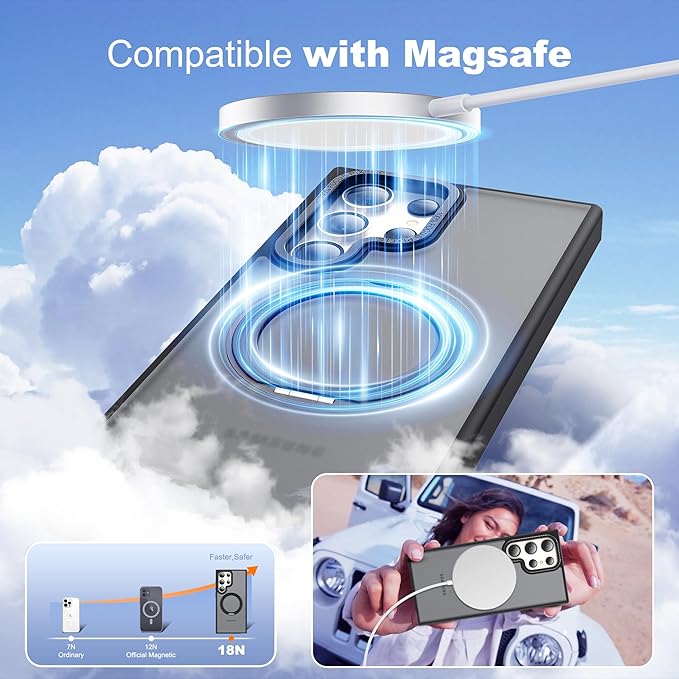 Compatible with Samsung Galaxy S24 Ultra Case with 360Rotatable Magnetic Ring Stand Compatible with Mag-Safe Military Protection Matte Translucent Phone Cases for S24 Ultra 6.8",Black