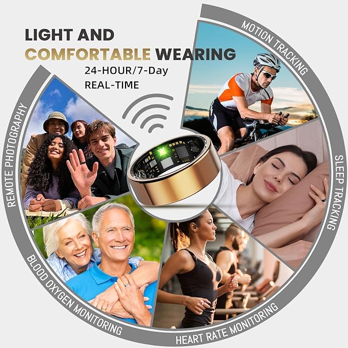 Smart Ring for Women Men, Health Tracker with Heart Rate/Blood Oxygen/Blood Pressure/Sleep Monitor/Step Counting, IP68 Waterproof Fitness Ring, No App Fees for iOS & Android (Rose Gold, 14#)