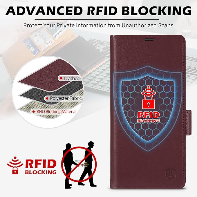 SHIELDON Wallet Case for Galaxy S25 Ultra 6.9", Genuine Leather Folio Magnetic Wallet Cover RFID Blocking Credit Card Holder Kickstand Shockproof Case Compatible with Galaxy S25 Ultra - Nappa Wine Red