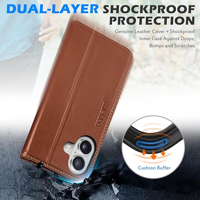 SHIELDON Genuine Leather Case Wallet for iPhone 17 6.3-inch 5G 2025 | Foldable, Magnetic Closure, Kickstand, RFID Blocking Credit Card Holder, Shock-Absorbent Phone Cover - Retro Brown