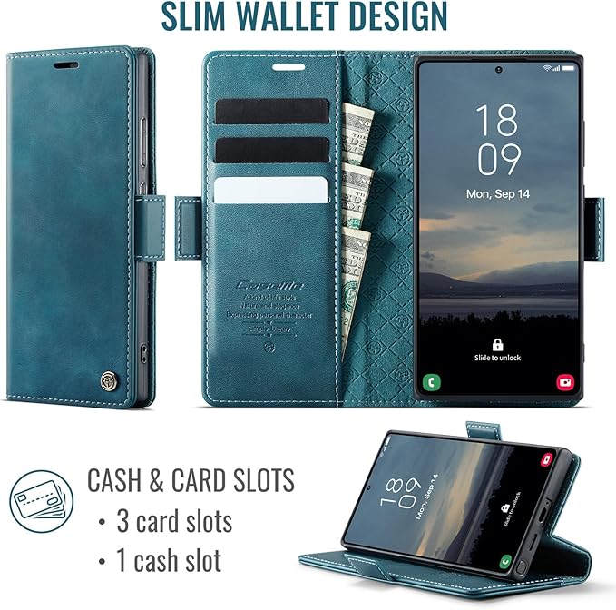 Wallet Case for Samsung Galaxy S24 Ultra Leather Wallet Flip Cover with Card Holder, Kickstand, Magnetic Closure, RFID Blocking TPU Shockproof Phone Case Compatible with S24 Ultra,Blue-Green