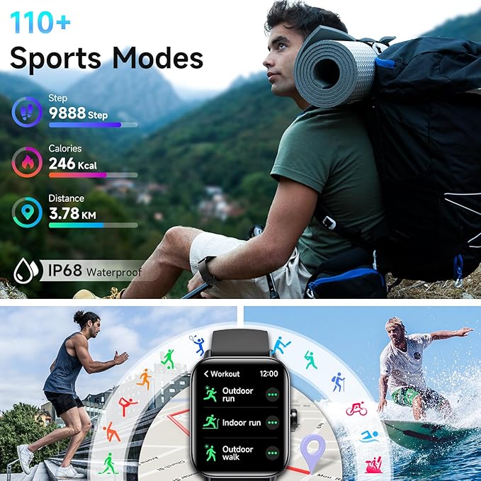 Smart Watches for Men Women Android & iPhone, Alexa Built-in, 1.85" Fitness Tracker with Answer/Make Calls, IP68 Waterproof Fitness Watch,Heart Rate, Sleep, SpO2 Monitor,Pedometer, Black