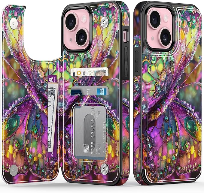 FUNMIKO for iPhone 13 Wallet Case with Card Holder, RFID-Blocking, Military-Grade Protection & UV-Printed Artwork, Magnetic Closure with Leather Kickstand - Vibrant Elegant Butterfly