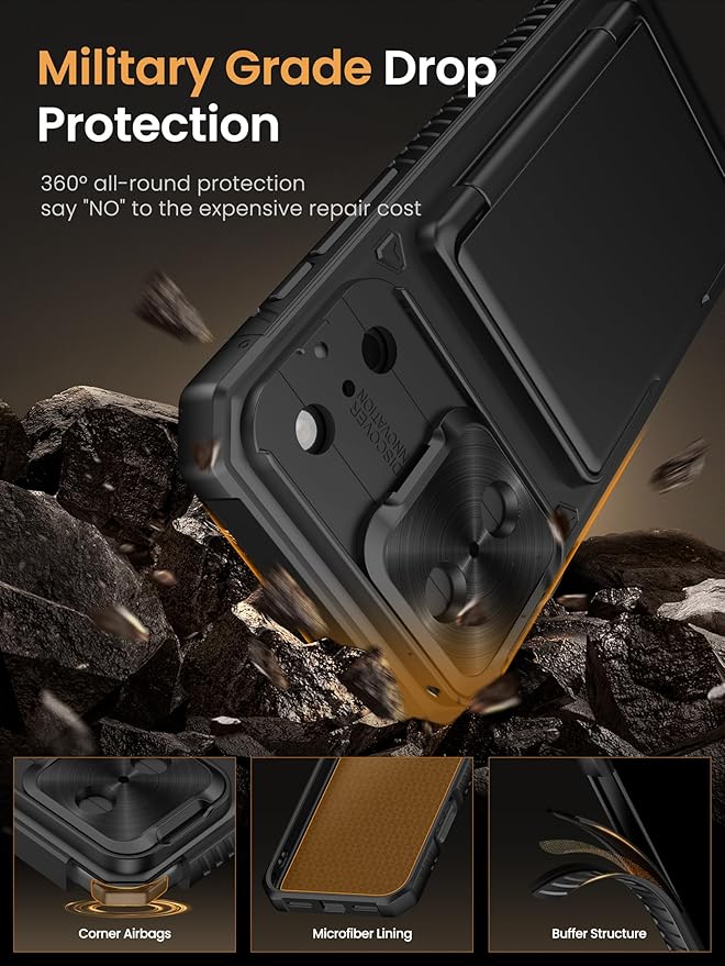 Vihibii for iPhone 17 Pro Max Case with Card Holder (4 Cards) [RFID Blocking] & Slide Camera Cover, Military Grade Drop Protection, Rugged Hard Back & Silicone Edge Wallet Phone Case 6.9" 2025, Black