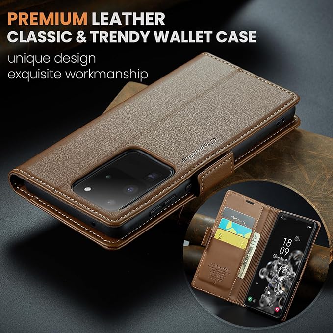 Case for Samsung Galaxy S20 Ultra Wallet Case, RFID Blocking PU Leather Flip Folio Cover Card Holder Kickstand Shockproof Phone Case Compatible with Samsung Galaxy S20 Ultra, Brown