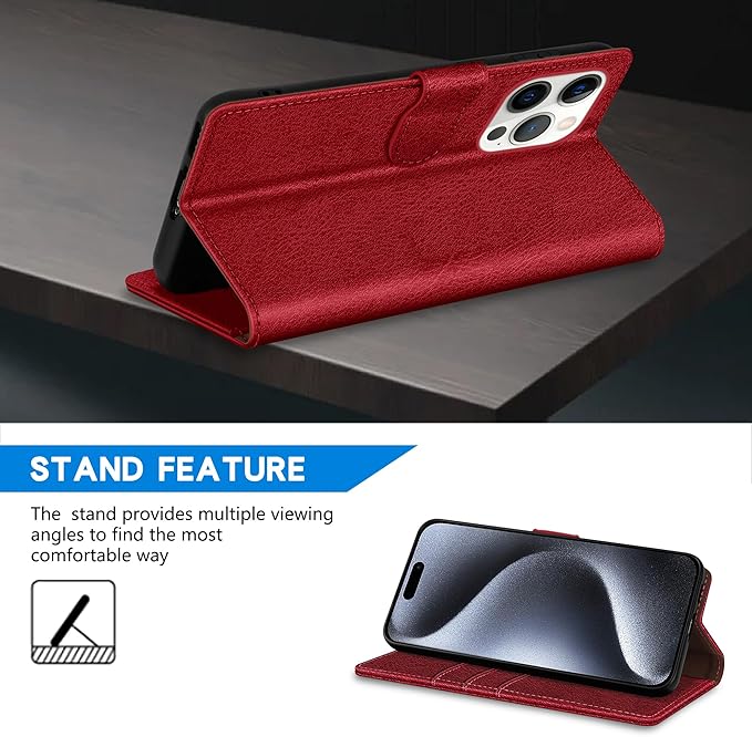 ZZXX for iPhone 15 Pro Wallet Case with [RFID Blocking] Card Slot Kickstand Magnetic Closure Leather Flip Fold Protective Phone Case for iPhone 15 Pro Case Wallet(Red-6.1 inch)