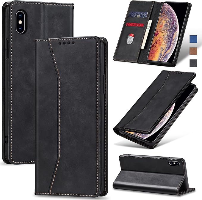 Jasonyu Flip Wallet Case for iPhone Xs Max,Leather Magnetic Folio Cover with Card Holder,Kickstand - TPU Shockproof Durable Protective Phone Case,Black