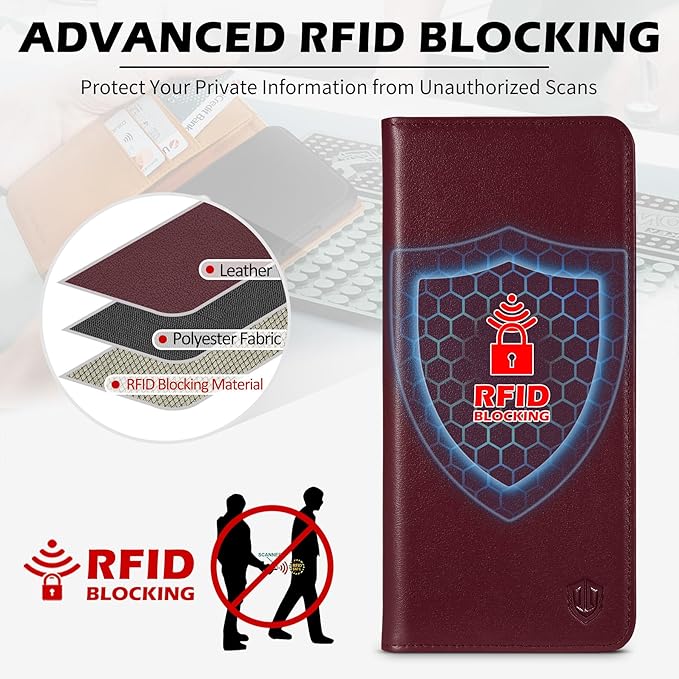 SHIELDON Wallet Case for Galaxy S25 FE 6.7" 2025, Genuine Leather Folio Magnetic Wallet Cover RFID Blocking Credit Card Holder Kickstand Shockproof Case Compatible with Galaxy S25 FE - Nappa Wine Red