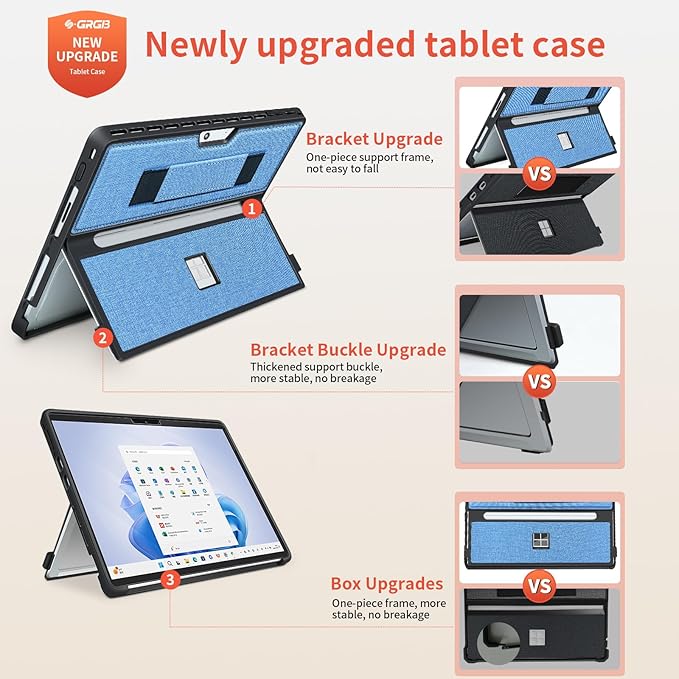 Case fit Microsoft Surface Pro 11/10/9/8 13-Inch, with Stent Cover, Hand Strap, All-in-one Rugged Case Compatible with Type Cover Keyboards, Blue