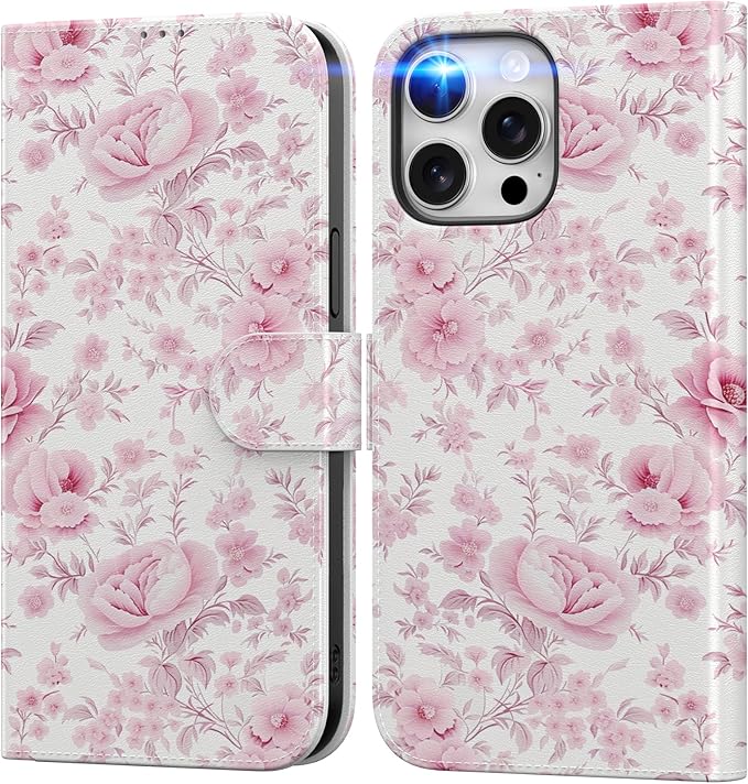 DEENAKIN for iPhone 15 Pro Max Wallet Case with Card Holder + Cash Clip, RFID-Blocking, Military-Grade Drop Protection, Magnetic Closure with Leather Kickstand - Blooming Pink Roses