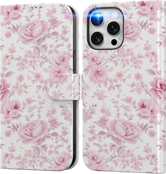 DEENAKIN for iPhone 15 Pro Max Wallet Case with Card Holder + Cash Clip, RFID-Blocking, Military-Grade Drop Protection, Magnetic Closure with Leather Kickstand - Blooming Pink Roses