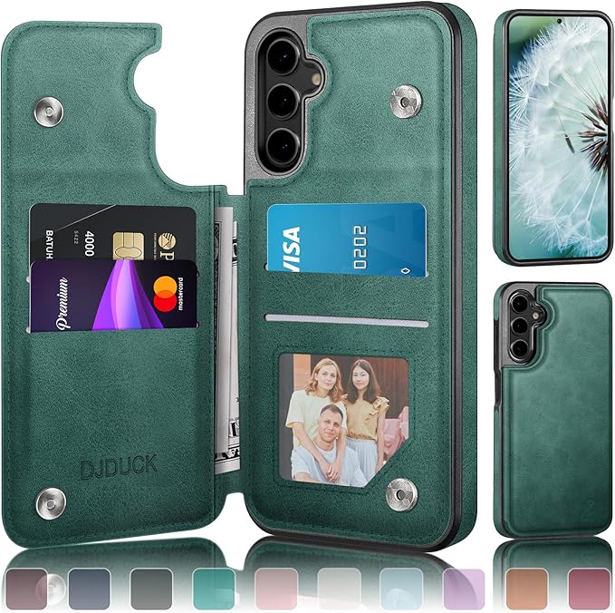 DJDUCK Designed for Samsung Galaxy S25 Case Wallet with Card Holder, [Magnetic Clasp Cover] [RFID Blocking Leather Protection] Shockproof Women Men Cases for Samsung S25 Sea Green