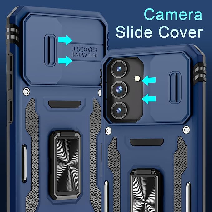 DEERLAMN Case for Samsung Galaxy S24 FE 6.7-Inch with Slide Camera Cover+Screen Protector(1 Pack), Rotated Ring Kickstand Military Grade Shockproof Protective Cover-Navy Blue