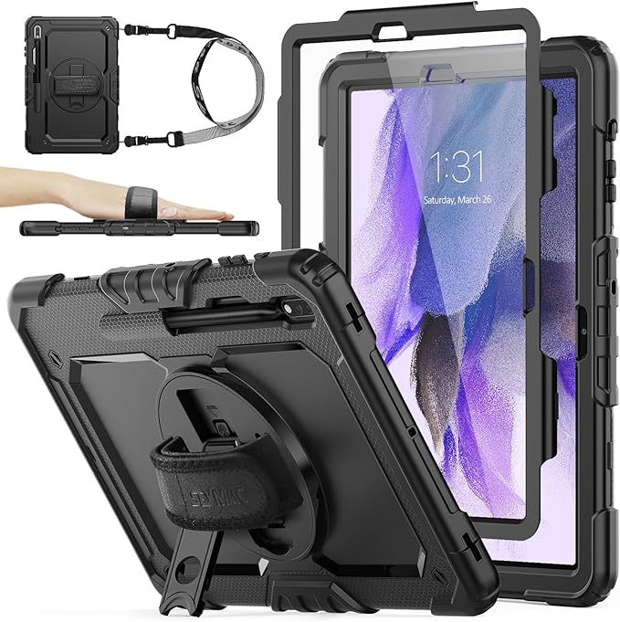 SEYMAC stock Case for Samsung Galaxy Tab S7 FE / S8 Plus 5G Case 12.4'' with Screen Protector Pencil Holder [360 Rotating Hand Strap] &Stand, Drop-Proof, Black