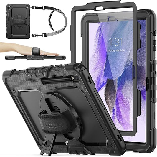 SEYMAC stock Case for Samsung Galaxy Tab S7 FE / S8 Plus 5G Case 12.4'' with Screen Protector Pencil Holder [360 Rotating Hand Strap] &Stand, Drop-Proof, Black
