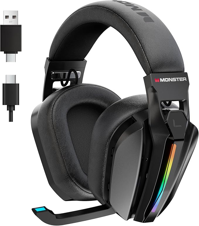 Monster Mission ANC200 Wireless Gaming Headset, 7.1 Virtual Surround Sound, ANC, Stealth Retractable Mic, 70HRS Battery, 2.4GHz or BT, for PC, PS5, Mobile, 3.5mm Audio Jack (Black)