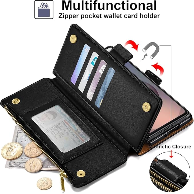 Antsturdy Compatible with Samsung Galaxy Z Fold7 Case Wallet with Card Holder,Z Fold 7 5G Phone Case with Strap Shockproof PU Leather RFID Blocking Flip Cover Credit Card Slots Women Men,Black
