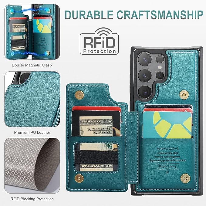 Vinich for Samsung Galaxy S25 Ultra Wallet Case with Card Holder, RFID Blocking Credit Slots Kickstand Shockproof Phone Cover for Women Men, Bluish Green