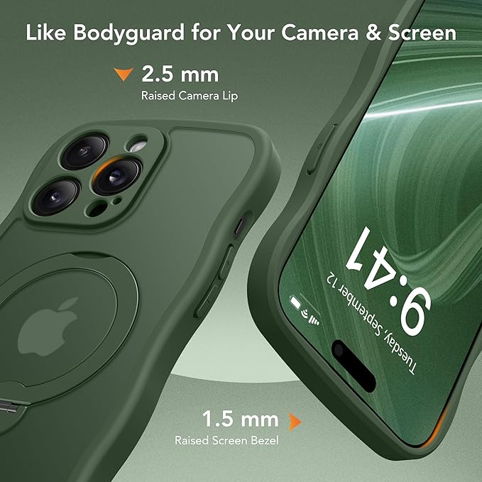 GolbinBox for iPhone 14 Pro Max Case for Women,[Compatible with Magsafe][360° Spin Magnetic Stand][Cute Wave Edge][Military-Grade Protection] Translucent Matte Phone Case for iPhone 14 ProMax, Green