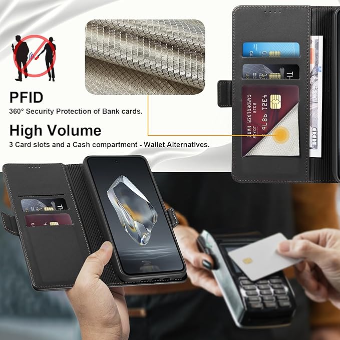 Wallet Flip Case for OnePlus 12R 5G - [RFID Blocking] Luxury PU Leather Card Holder Magnetic Phone Cover with Kickstand,Shockproof Protective Case,Black
