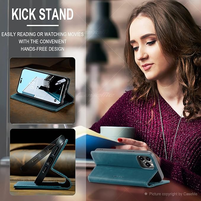 for iPhone 14 Pro Case, Flip Wallet Leather Case with Card Holder Magnetic Closure Shockproof Kickstand Protective Phone Cases Cover for iPhone 14 Pro, Blue-Green