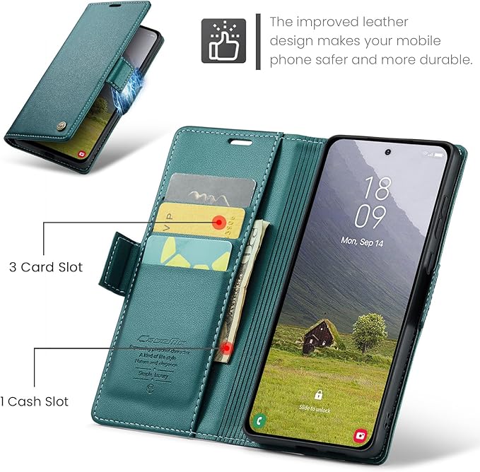 for Samsung Galaxy S25 Edge Case, Premium PU Leather Wallet Case Flip Cover with [RFID Blocking][Card Holder][Stand Function] Shockproof Protective for Samsung Galaxy S25 Edge, Blue-Green