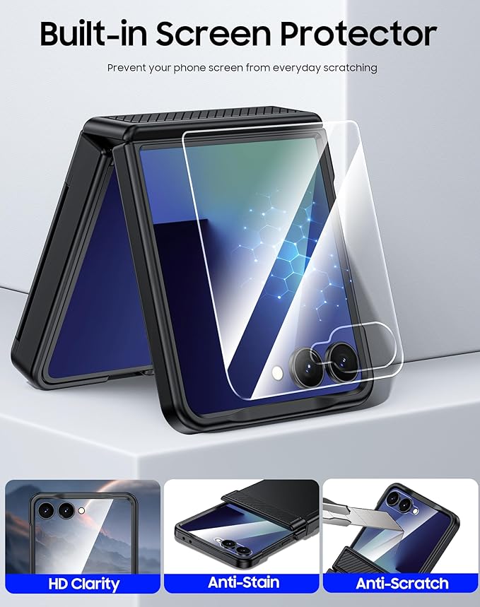 CENMASO for Samsung Galaxy Z Flip 7 Case with Card Holder [RFID Blocking] & Hinge Protection & HD Screen Protector, Rugged Anti-Scratch Full-Body Shockproof Phone Case for Z Flip 7-Black