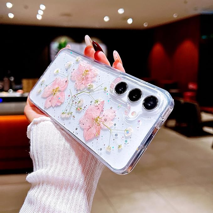 Compatible with Samsung Galaxy S24 Plus Case Cute Pressed Dried Real Flowers Design Women Girly Shockproof Hard PC+ TPU Bumper Floral Phone Cover for Galaxy S24 Plus (Light Pink)