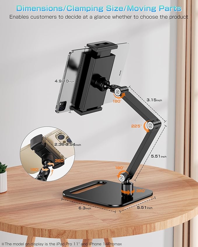 Tablet Stand Holder for iPad, Portable Monitor Stand Holder 15.6'',17.3'', Aluminum Alloy Foldable Arm Mount with 360° Swivel Desk Mount Compatible with 4.7-17.3inch Tablet, Cell Phone (Black)
