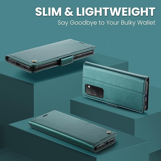 AUPAI for Samsung Galaxy S20 FE Wallet Case with Credit Card Holder, PU Leather RFID Blocking Folio Flip Kickstand Magnetic Clasp Protective Phone Cover for Women Men Cyan