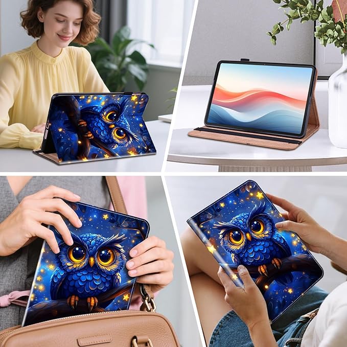 Case for Samsung Galaxy Tab A9 8.7 Inch 2023 (SM-X110/X115/X117) Tablet with Pencil Holder, Multiangle Stand Wallet Design Cover, Blue Owl
