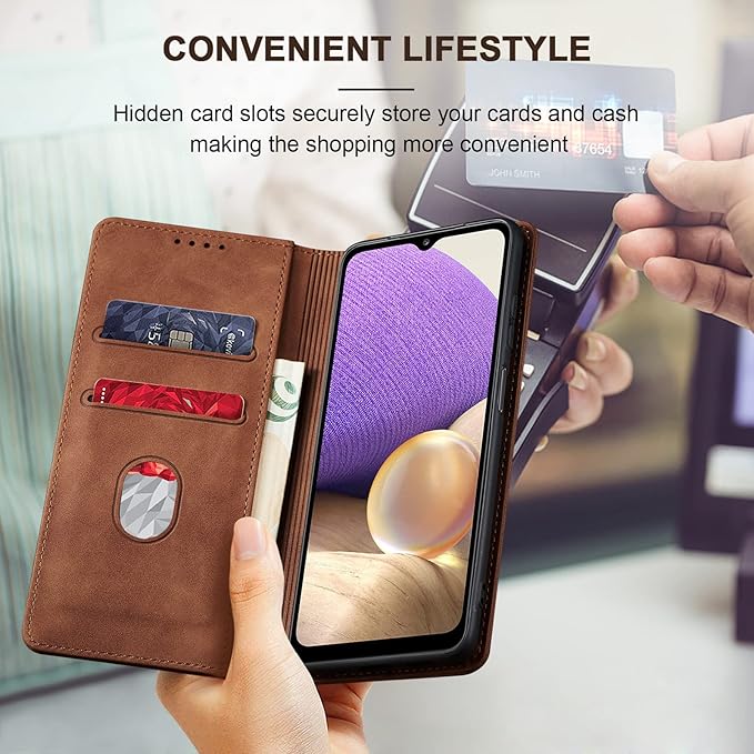 Jasonyu Flip Wallet Case for Samsung Galaxy A32 5G,Leather Magnetic Folio Cover with Card Holder,Kickstand - TPU Shockproof Durable Protective Phone Case,Brown